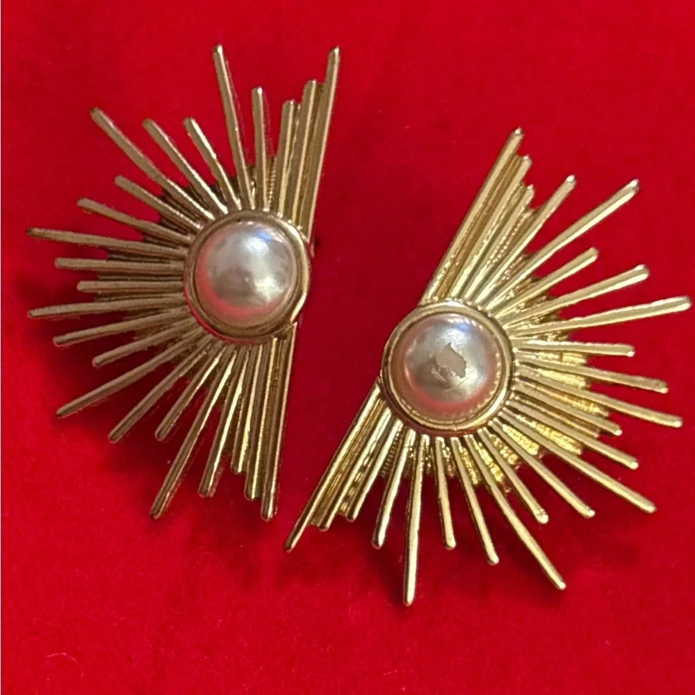 Gold Sunburst Pearl Statement Earrings Celestial Starburst 1.5”